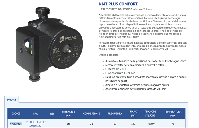 Elettropompa di Rilancio per Acqua NMT PLUS COMFORT 15/120-13